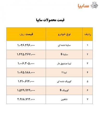 لیست قیمت جدید خودروهای سایپا